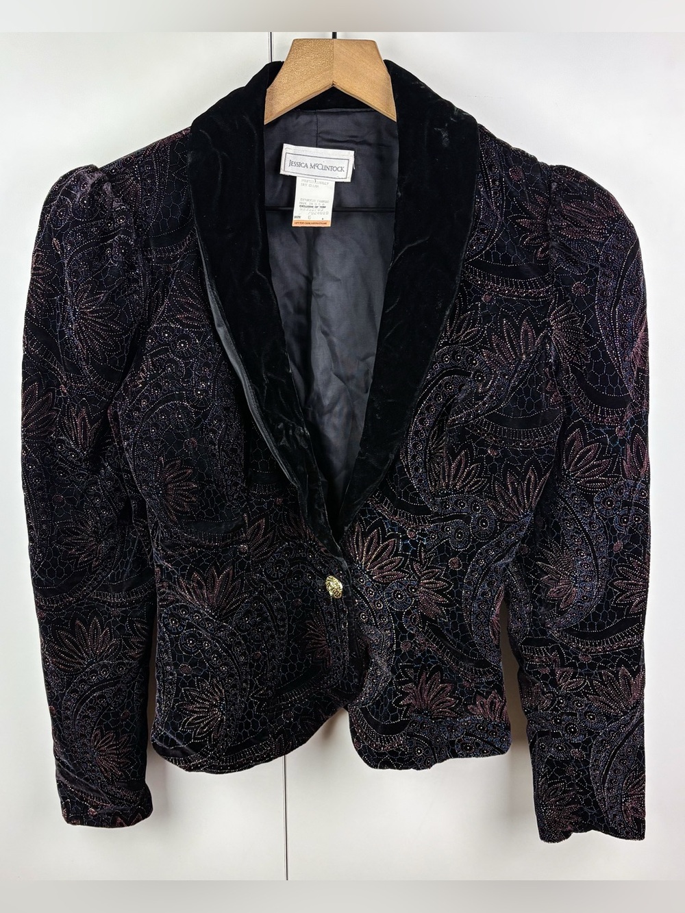 Vintage Jessica McClintock Velvet Metallic Floral Evening Slim Blazer Whimsigoth